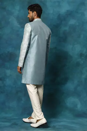 mint green and cream silk blend sherwani set