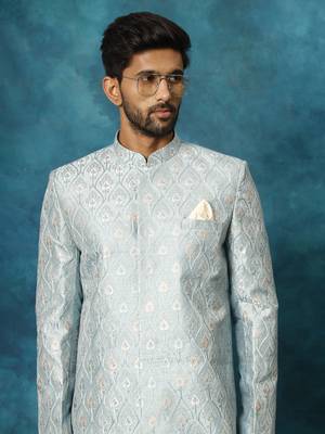 mint green and cream silk blend sherwani set 4