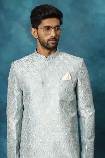 mint green and cream silk blend sherwani set