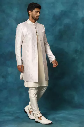 Purple And Cream Viscose Sherwani Set