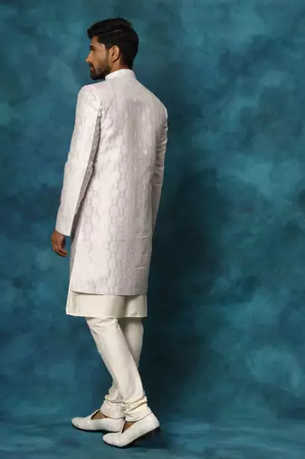 Purple And Cream Viscose Sherwani Set