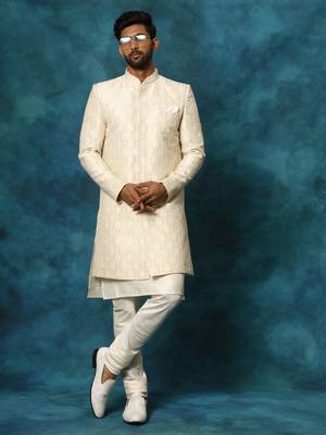 Beige And Cream Viscose Sherwani Set 1