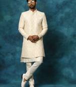 Men'S Beige And Cream Viscose Sherwani Set