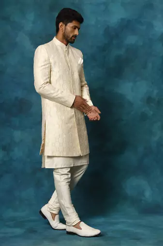 Beige And Cream Viscose Sherwani Set