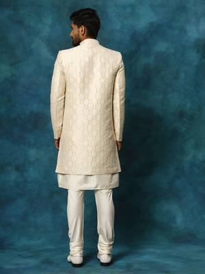 Beige And Cream Viscose Sherwani Set 3