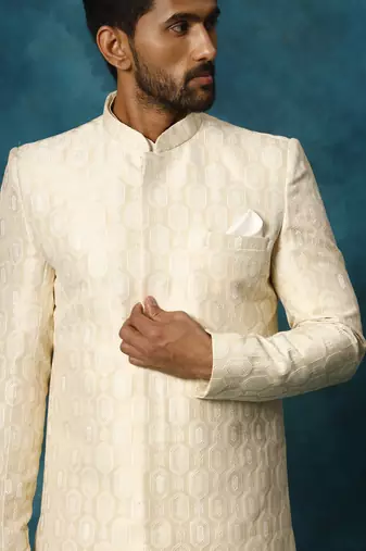 Beige And Cream Viscose Sherwani Set