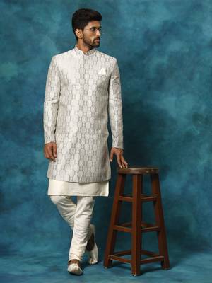 Grey And Cream Viscose Sherwani Set 1