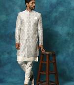 Grey And Cream Viscose Sherwani Set