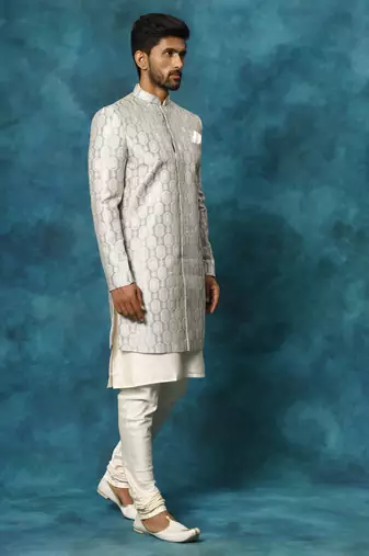 Grey And Cream Viscose Sherwani Set