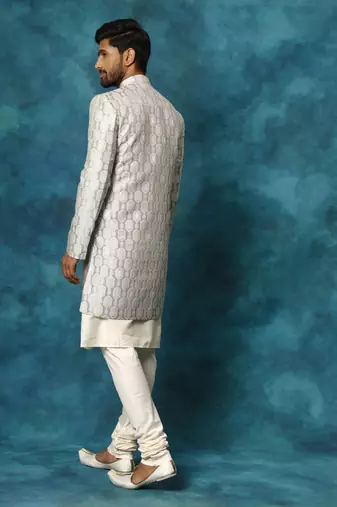 Grey And Cream Viscose Sherwani Set