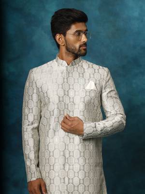 Grey And Cream Viscose Sherwani Set 4