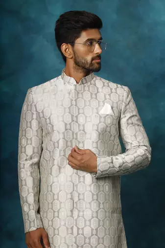 Grey And Cream Viscose Sherwani Set