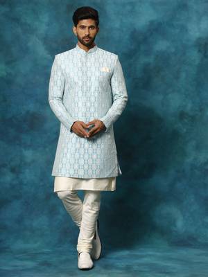 Blue And Cream Viscose Sherwani Set 1