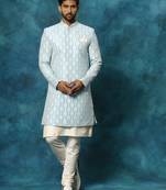 Men'S Blue And Cream Viscose Sherwani Set
