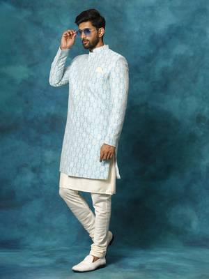 Blue And Cream Viscose Sherwani Set 2