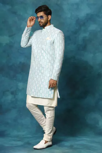 Blue And Cream Viscose Sherwani Set
