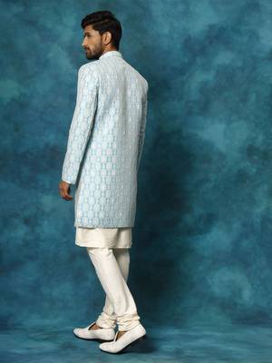 Blue And Cream Viscose Sherwani Set 3