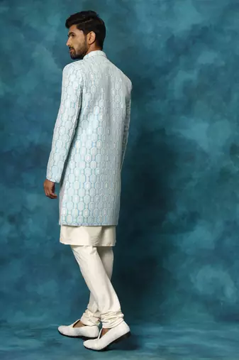 Blue And Cream Viscose Sherwani Set