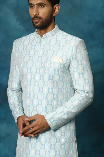 Blue And Cream Viscose Sherwani Set