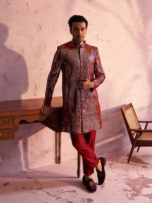 Maroon Georgette Sherwani Set 1