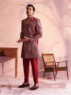 Maroon Georgette Sherwani Set 2