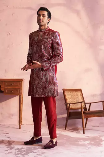 Maroon Georgette Sherwani Set