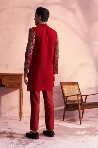 Maroon Georgette Sherwani Set