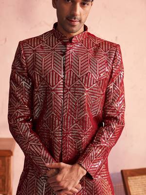 Maroon Georgette Sherwani Set 4