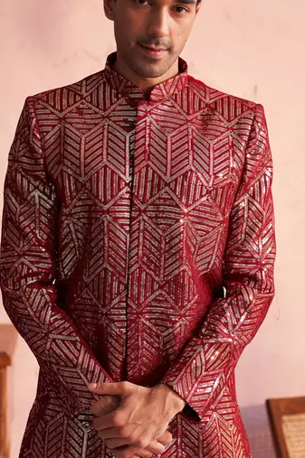 Maroon Georgette Sherwani Set