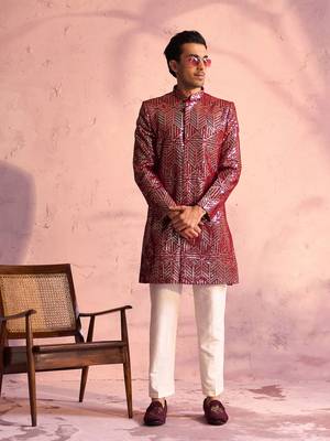 Maroon And Cream Georgette Sherwani Set 1
