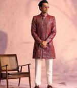 Maroon And Cream Georgette Sherwani Set