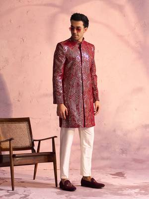 Maroon And Cream Georgette Sherwani Set 2