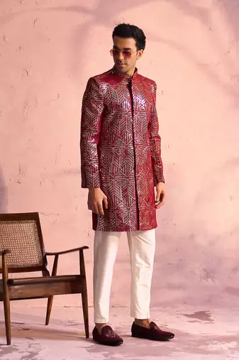 Maroon And Cream Georgette Sherwani Set