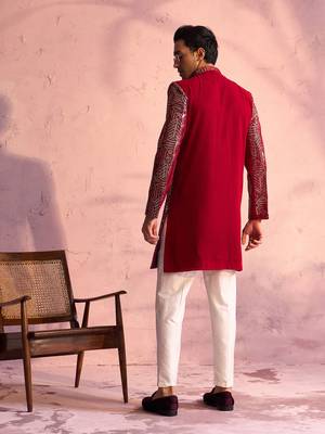 Maroon And Cream Georgette Sherwani Set 3