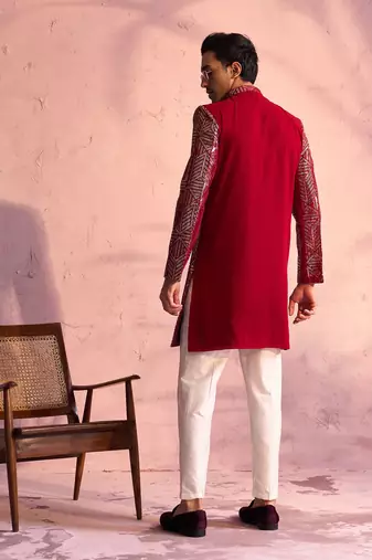 Maroon And Cream Georgette Sherwani Set