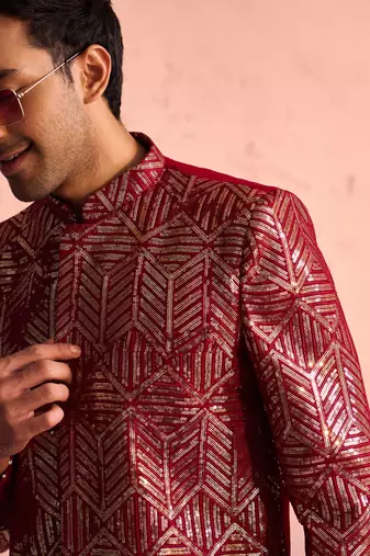 Maroon And Cream Georgette Sherwani Set