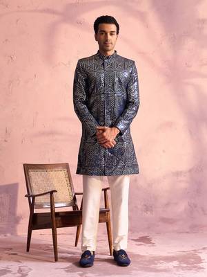 Navy Blue And Cream Georgette Sherwani Set 1