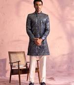 Navy Blue And Cream Georgette Sherwani Set