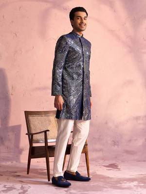 Navy Blue And Cream Georgette Sherwani Set 2