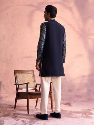 Navy Blue And Cream Georgette Sherwani Set 3
