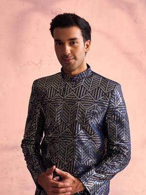 Navy Blue And Cream Georgette Sherwani Set 4