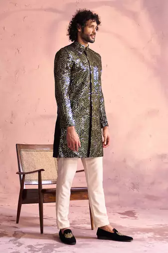 Black And Cream Georgette Sherwani Set