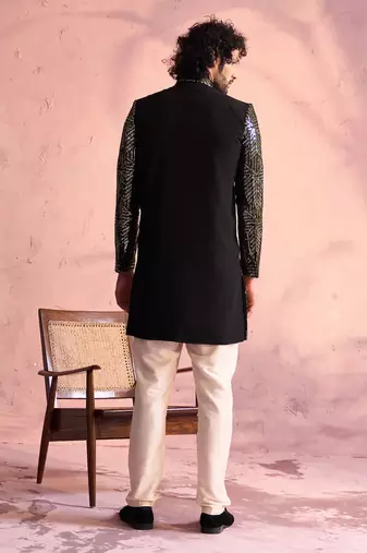 Black And Cream Georgette Sherwani Set