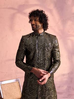 Black And Cream Georgette Sherwani Set 4