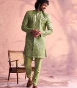 Vastramay men's mint green georgette sherwani set