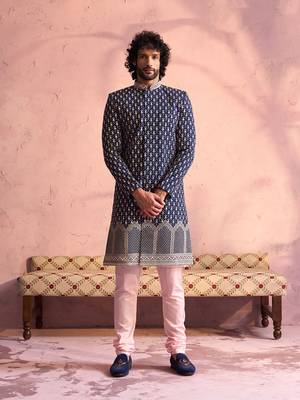 navy blue and pink viscose sherwani set 1