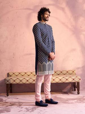 navy blue and pink viscose sherwani set 2