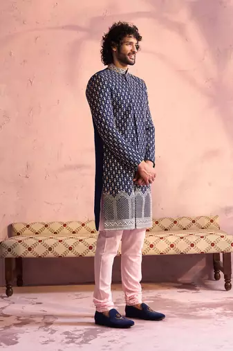 navy blue and pink viscose sherwani set