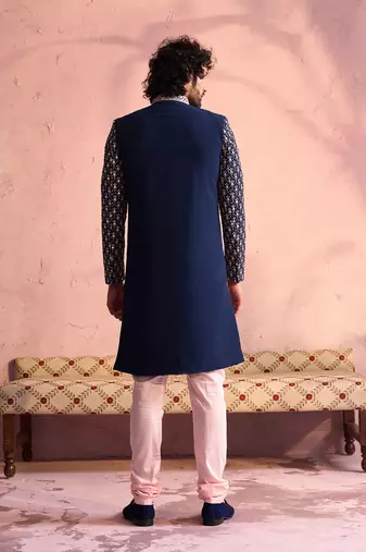 navy blue and pink viscose sherwani set