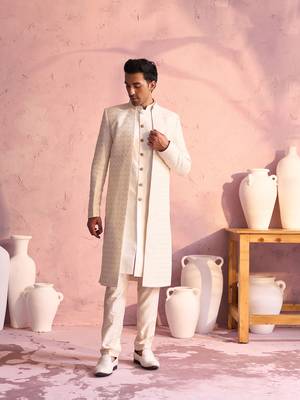  men's cream silk blend sherwani set 1